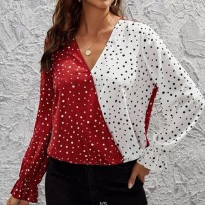 Polka dot surplice front flounce sleeve blouse